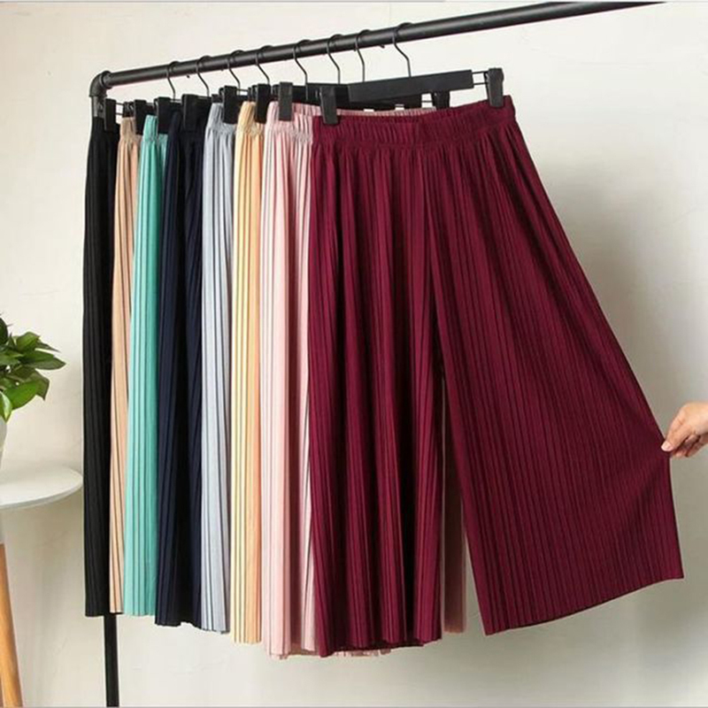 

Female Fold Summer Spring Black Casual Elastic Waist High Pleated Wide Leg Women Chiffon Loose Pants 220716, As picture