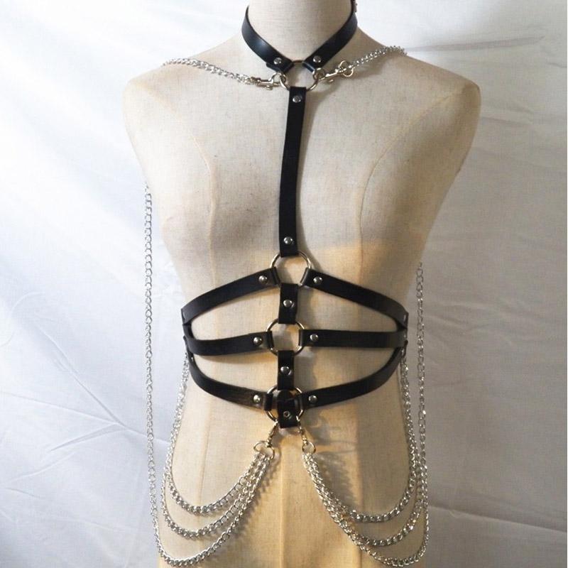 

Belts Leather Harness Belt Lingerie Body Bondage Cage Garter Suspender For Women Chain Bra Punk Goth Tops, Black