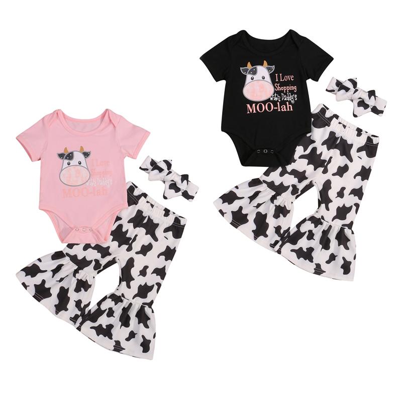 

Clothing Sets 0-24M Born Baby Girls Clothes 3pcs Cow Letter Printed Short Sleeve Romper Tops Flare PantsClothing, Black
