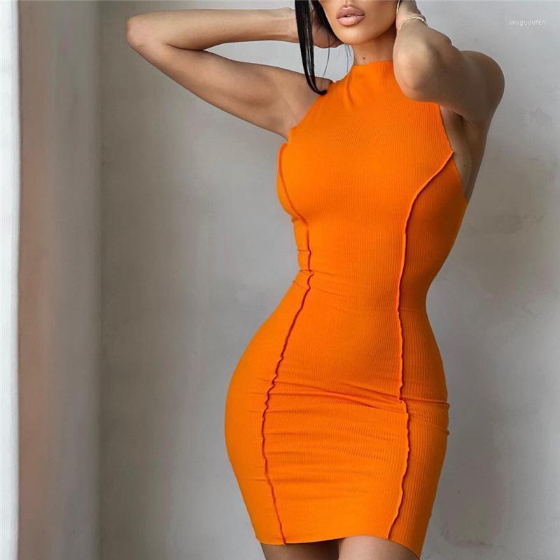

Casual Dresses 2022 Sexy Sleeveless Women Dress Round Neck Slim Fit Bodycon Basic Summer Black Party Clubwear Short, Beige