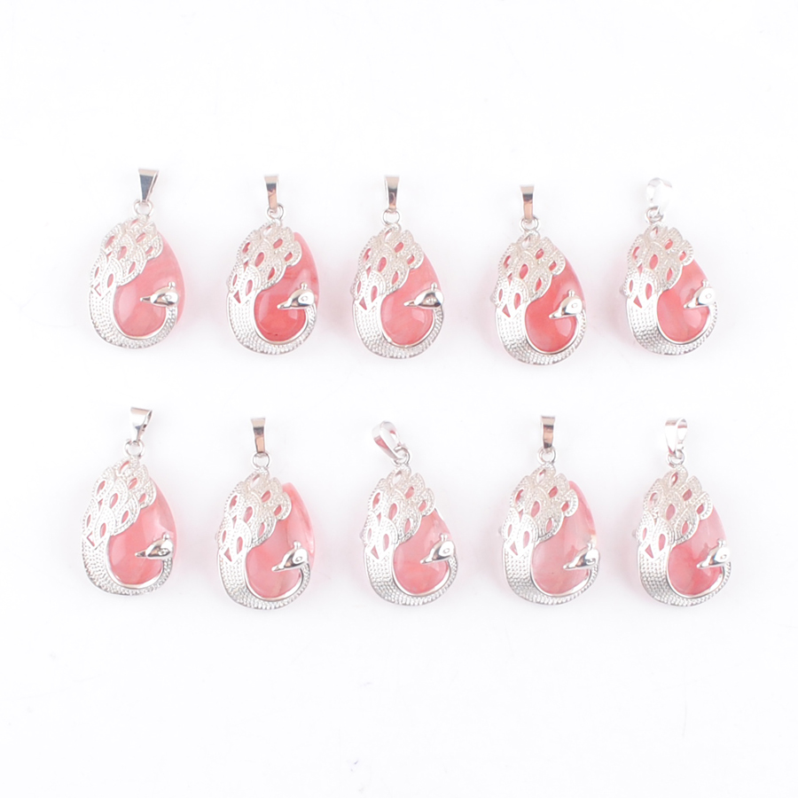 

Natural Stone Peacock Pendant Watermelon Red Teardrop Cabochon Gemstone Animal Charm Europe Fashion Jewelry For Women Silver Plated DN4639