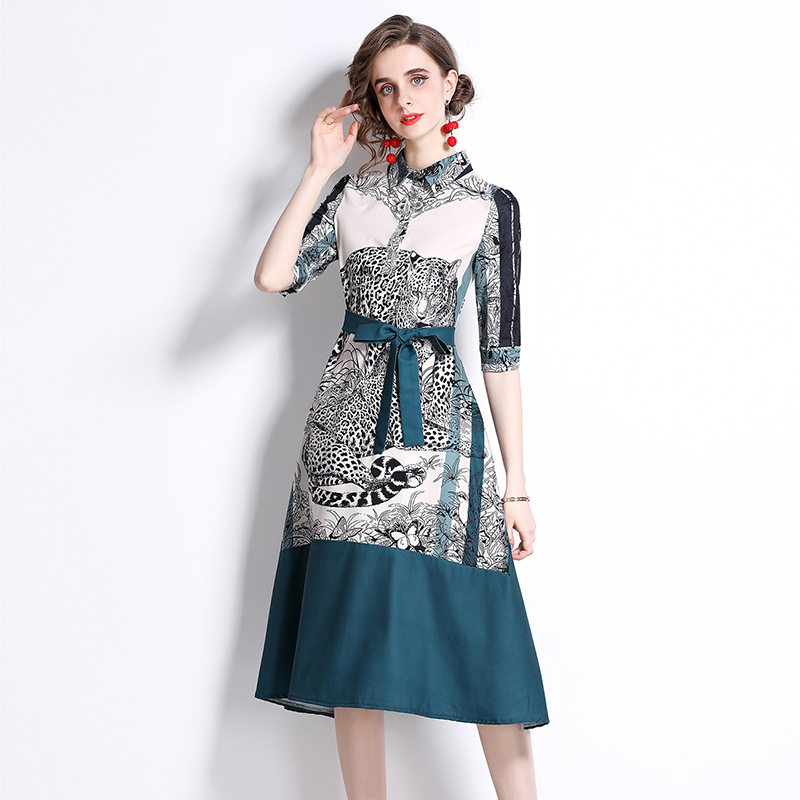 

Summer Printed Short Sleeve Shirt Dress Woman Designer Exquisite Lapel High Waist Runway Bow Lace Up Dresses 2022 Casual Office Lady Sweet Slim A-Line Elegant Frock