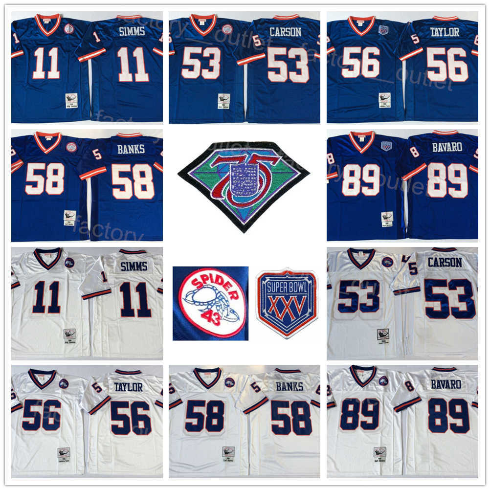 

Throwback Football 43 Spider 1986 XXV 1990 56 Lawrence Taylor Jersey 75th Anniversary 89 Mark Bavaro 11 Phil Simms 53 Harry Carson 58 Carl Banks Mitchell and Ness ncaa, White