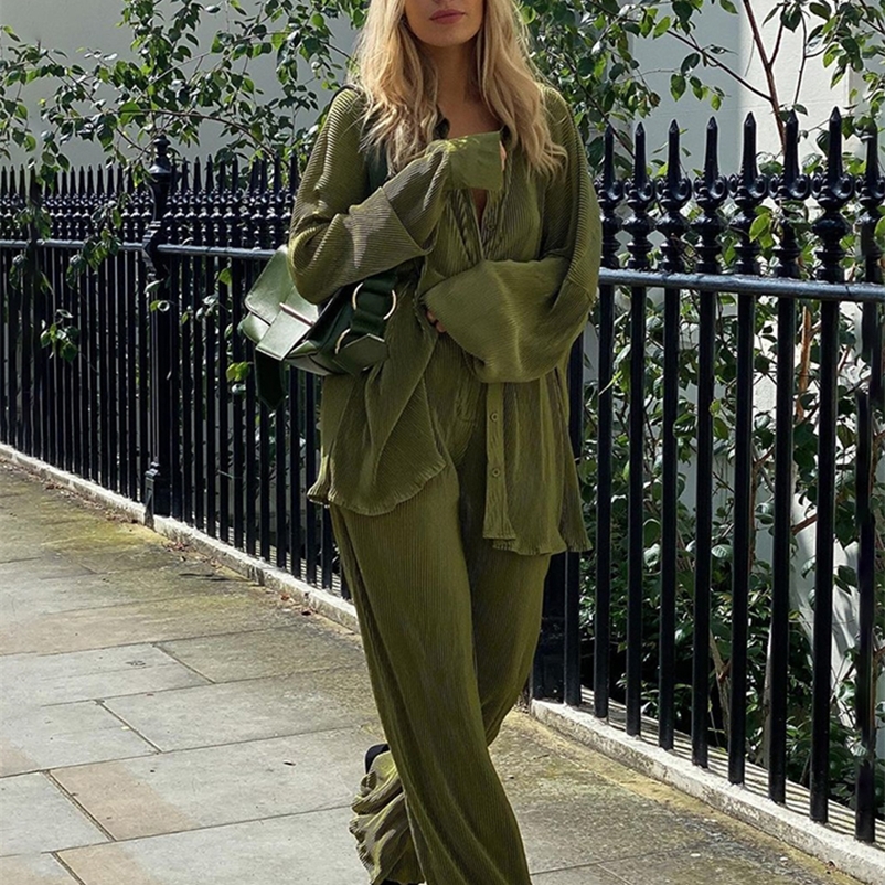 

Clacive Elegant Green Pants Set Women Autumn Long Sleeve Blouses Matching Wide Trousers Suit Loose Shirts Two Piece Pant Set 220523, Black sets