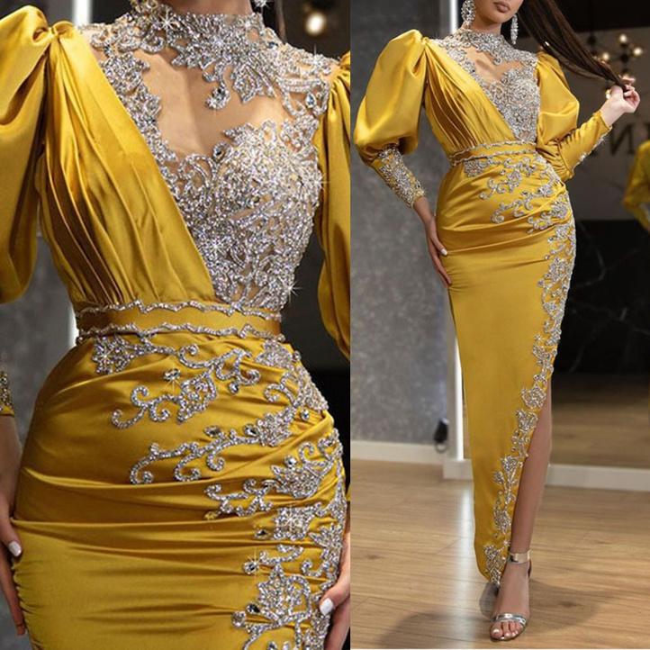 

2022 Sexy Satin Prom Long Tail Gown Bridesmaid Evening Dresses Hollow Sequined Diamond Yellow Dresses, Brown