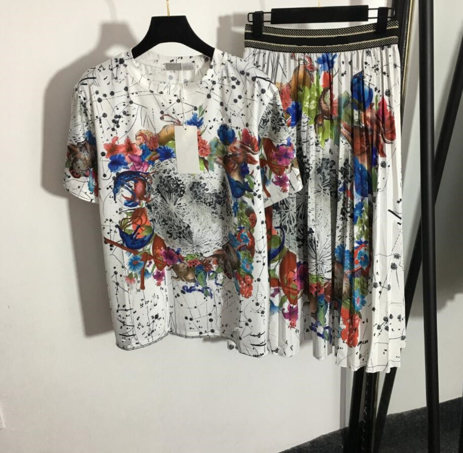 

Women's Summer Retro Flower Print Short Sleeve T-Shirt Letter Ribbon High Waist Pleated Skirt Suit White 520, Customize