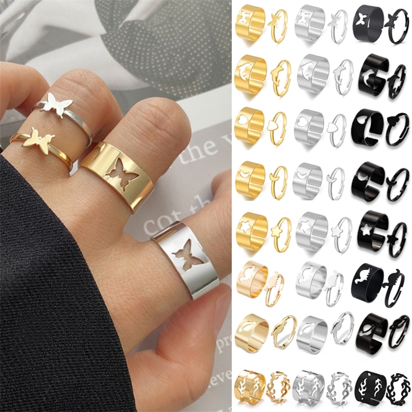 

LATS Vintage Simple Animal Butterlfly Star Moon Heart Flame Open Rings for Women Girls Gothic Jewelry Punk Black Couple Ring Set 220728