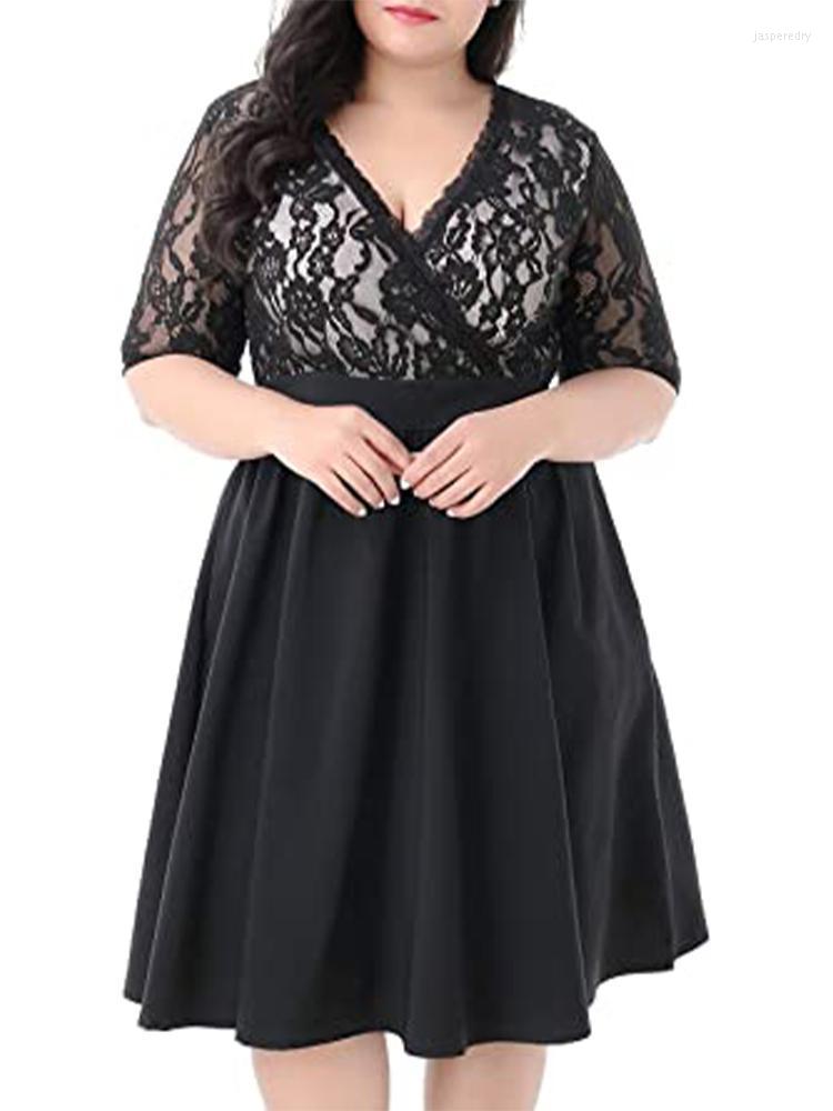 

Plus Size Dresses Women Clothing Solid Color V Neck Dress Street Fanshion For Summer Lace Elegant DressesPlus Jasp22, Black
