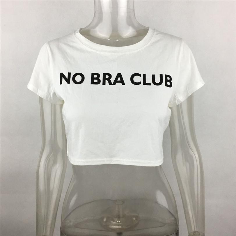 

2018 New Sexy Cropped t shirt Women NO BRA CLUB Print T-shirt Women Fashion Cotton Tee Shirt Femme Crop Top Woman Clothing2638, White