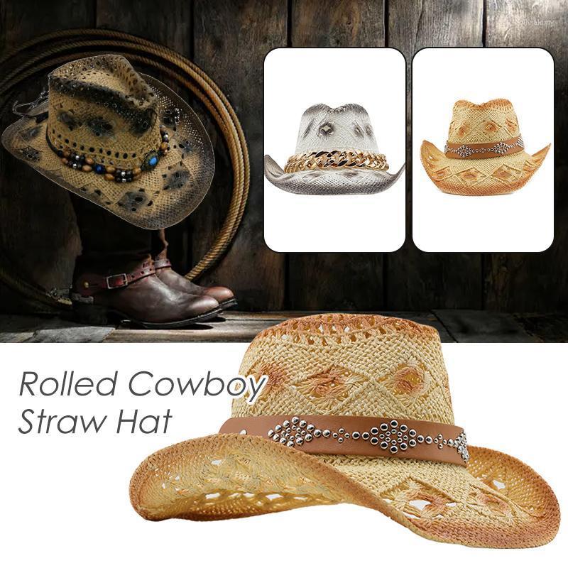 

Berets Boho Straw Hat Cowgirl Cowboy Hats West Turquoise Headwear Wide Brim Cap Western Sombrero Summer Vacation Beach CapBerets Oliv22