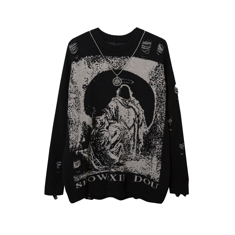 Envoyer Collier Déchiré Pulls Surdimensionnés Effiloché Tricoté À Manches Longues Haut Harajuku Streetwear Pulls Gothique Hommes Y2k Femmes Pull