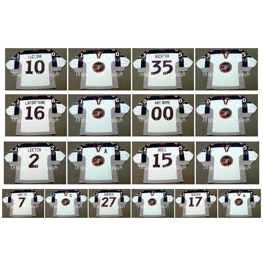 

Vintage 1998 USA Hockey Jerseys 10 JOHN LeCLAIR 35 MIKE RICHTER 16 PAT LAFONTAINE 2 BRIAN LEETCH 15 BRETT HULL White Custom Jersey, Any name number