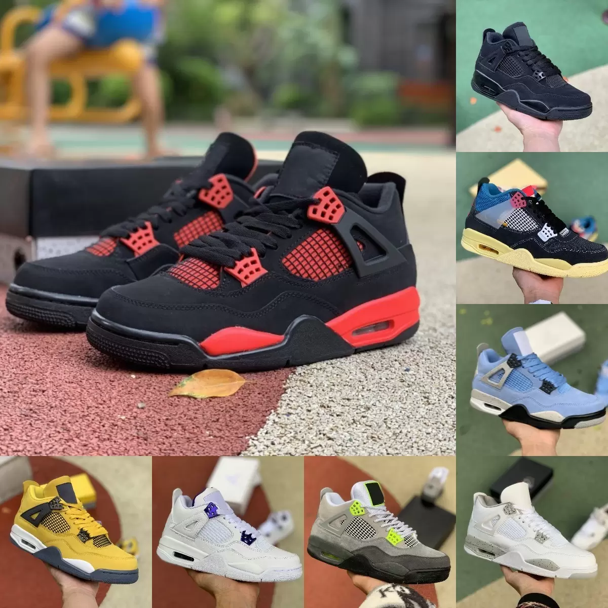 

Red Thunder 4 4s Mens Sports Basketball Shoes Jumpman Lightning University Blue OFf Black Cement Cat Cream White Oreo What The Pine Green Court Purple Sneakers, Shoes (5)