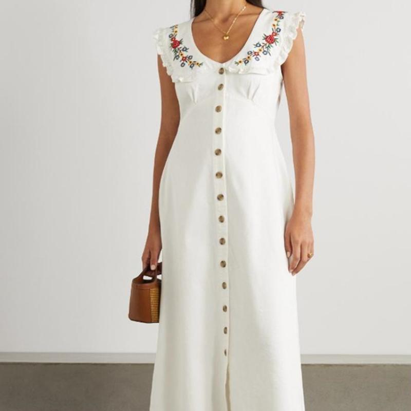 

Casual Dresses Floral Embroidery Women' White Sleeveless Denim Midi Dress Turn-down Collar Fashion Ladies Single Breasted RobeCasual