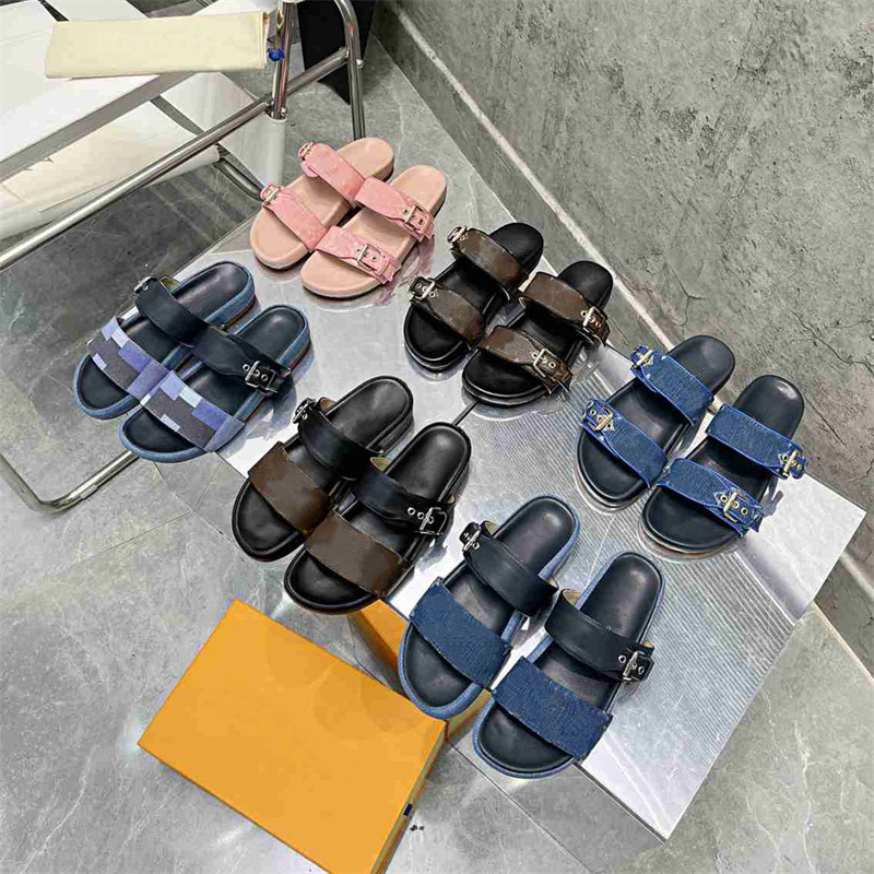 

Women Sandals Old Flower Slippers Waterfront Brown Leather Slides Colorful Canvas Letter Sandal Summer Buckle Printed Slipper