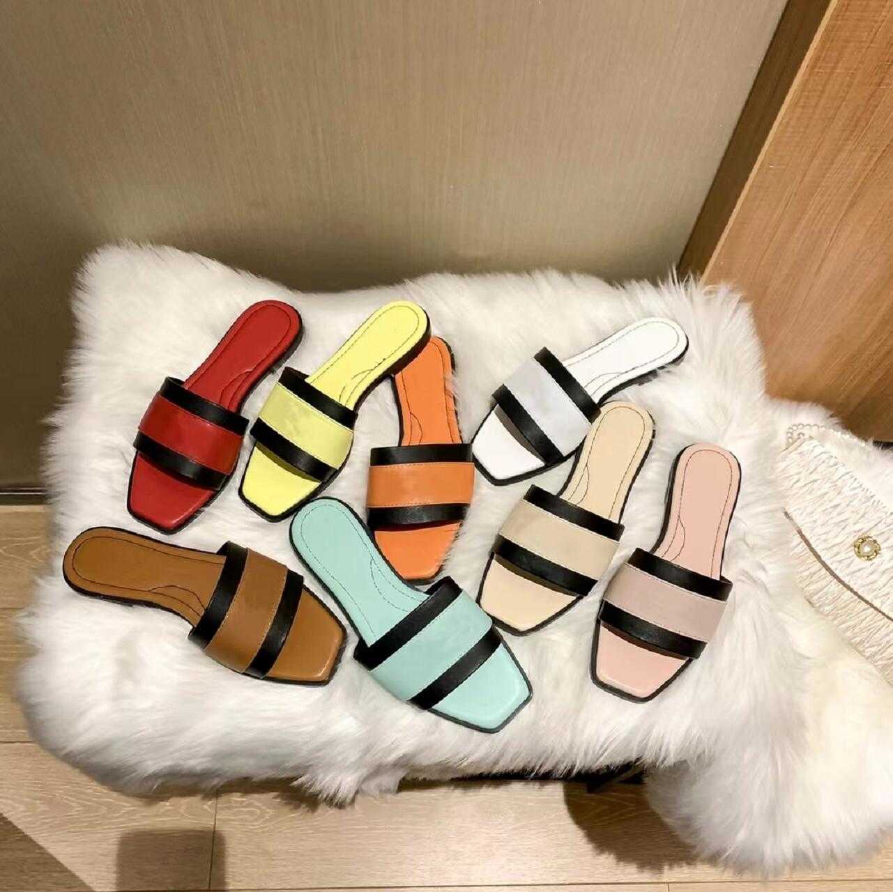 

Woman Leather Beach Slippers Summer Fashion Flats Sandals Leisure Shoes Designer Shoe Flip-Flops Women's Luxury Slipper Flat Bottom Sandal, Box