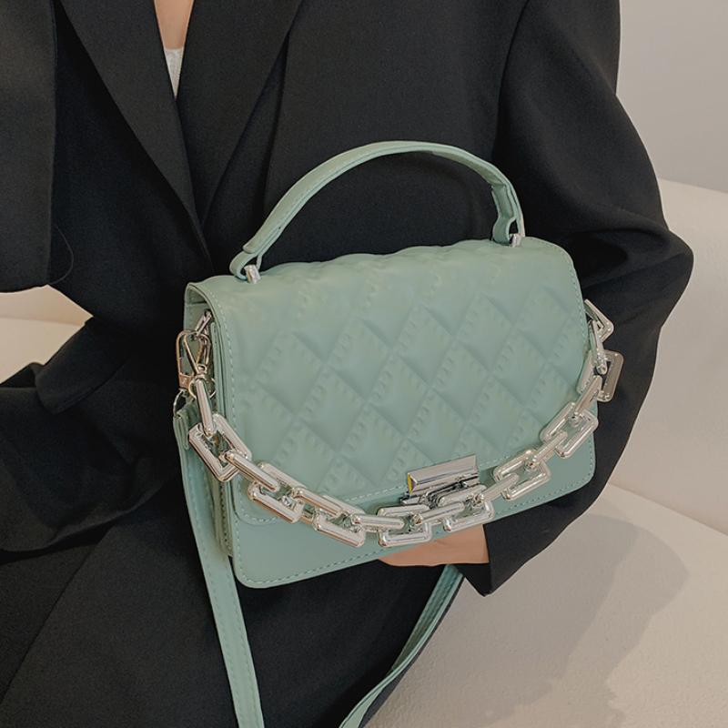 

Evening Bags High Quality Leather Handbag Thick Chain Handle Shoulder Messenger For Woman 2022 Small Square Bag Sac A Main, Beige
