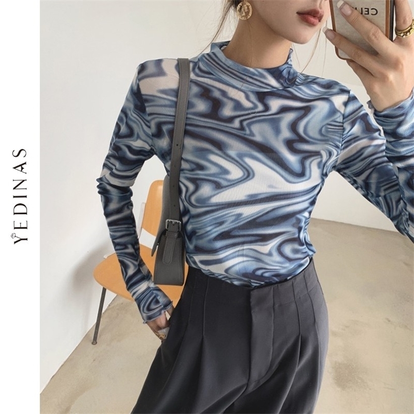 

Yedinas Tie Dye Blue Mesh Top Long Sleeve T Shirt Women Turtleneck See Through Tshirt Designer Y2k Fashion Spring Autumn 220322
