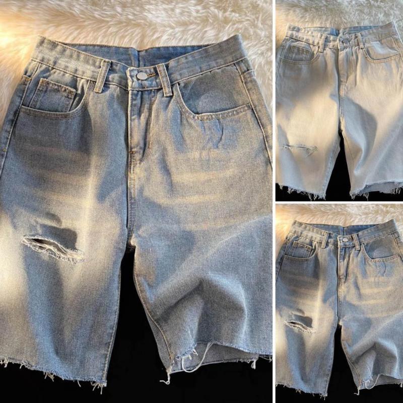 

Men's Jeans Plus Size Men Denim Shorts Ripped Pockets Stretchy Burr Broken Hole Bottoms Short For SummerMen's, White