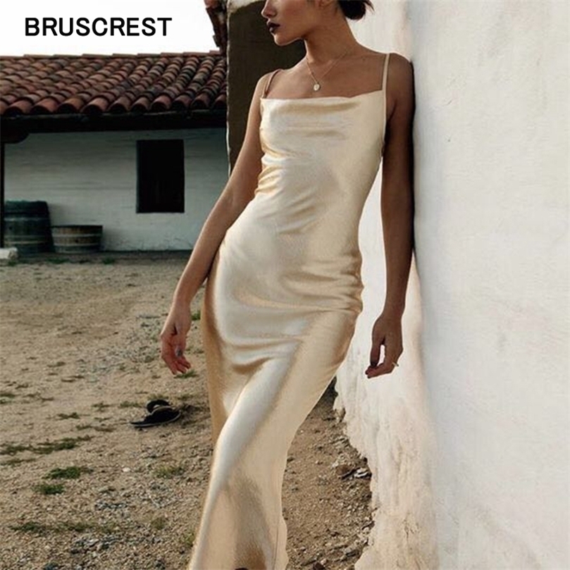 

Boho gold satin midi dress blue white long party elegant summer spaghetti strap casual vintage vestidos 220402