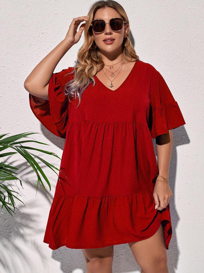 

Plus Size Dresses Bust 136cm Summer Women's V-neck Short-Sleeved Pleated Stitching Temperament Dress 5 Colors L XL 2XL 3XL 4XLPlus Holl2, Burgundy