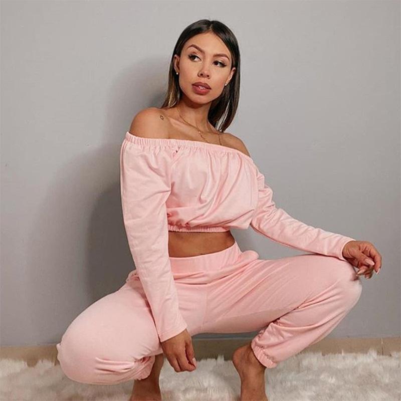 

Women' Tracksuits Spring Fashion Street Girl Style Sets Long Sleeve Card Shoulder Short Top Elastic Pants Pure Color Two Piece SetsWomen, Pink