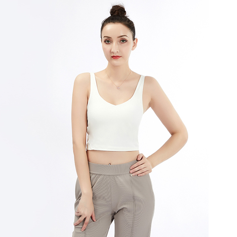 

2022Summer Uback Quick Dry Padded Fitness Bras Crop Tops Women's Tanks Women Solid Vsttype Nylon Yoga Workout Sports Bras with Removable Pads