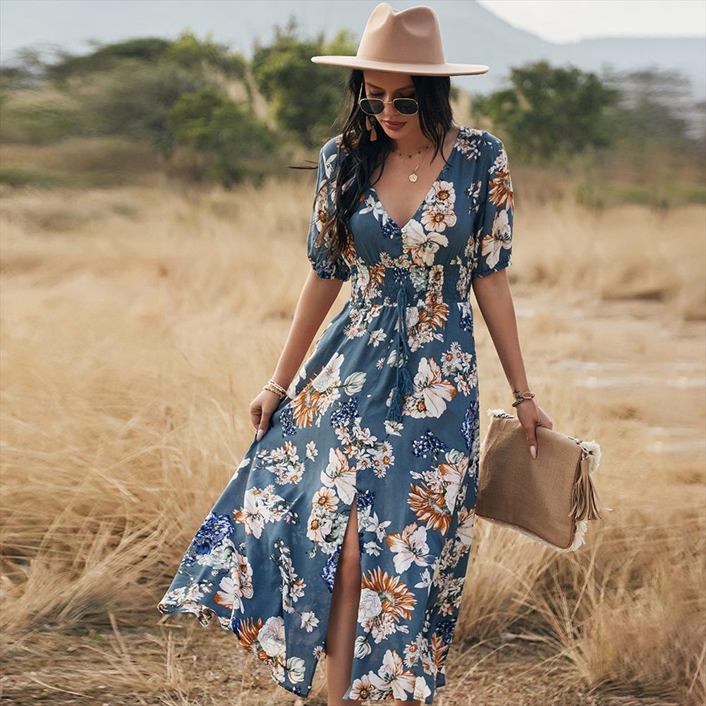 

Short Sleeve Maxi Split Dress Summer Beach Boho Print Sexy V-neck Floral Long Women Casual Loose Party Elegant Robe, Blue