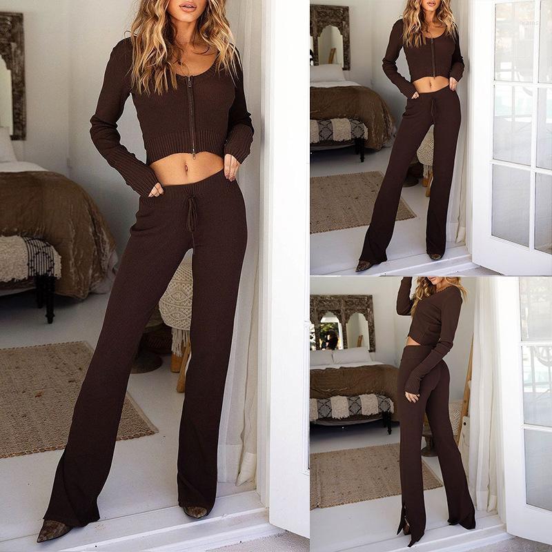 

Women Solid Knitted Tracksuit Two-piece Loose Set Long Sleeve Short Zipper Top And Elastic Waist Wide Leg Pants Thin Streetwear Women' Trac, Dark brown
