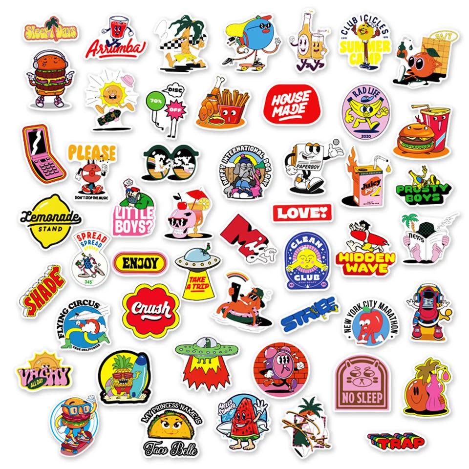 

50Pcs Animerican Food Funny Graffiti Stickers Non-Random For Car Bike Luggage Sticker Laptop Skateboard Motor Water Bottle Snowboard Wall Decals Kids Gifts, Multi-color