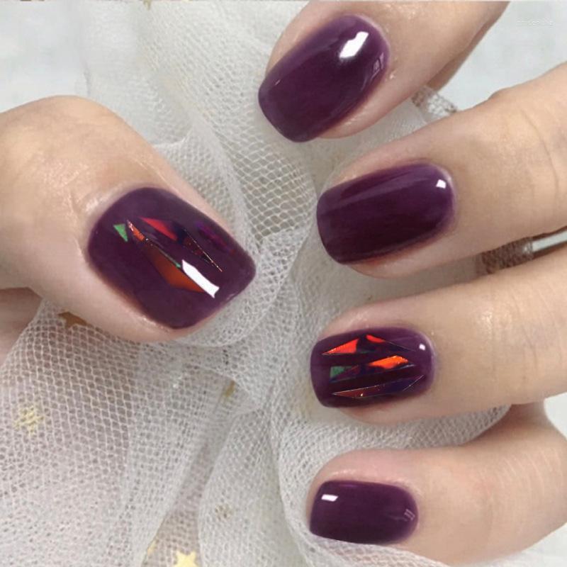 

False Nails 24Pcs/boxed Purple Color Round Head Short Press On Aurora Effect Wearable Fake Nail Tips Full Cover Acrylic For Girls DIY Prud22, As show