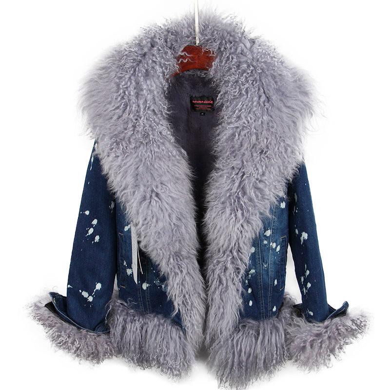 

Women' Fur & Faux Short Denim Jacket Women 2022 Winter Parkas Real Mongolia Sheep Collar Cuffs Fashion Thick Warm Outerwear Street StyleWom, Color 6