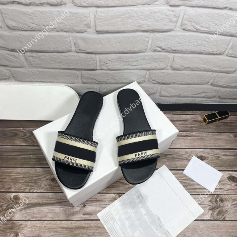 

Paris Embroidered Dazzle slipper women ladies scuffs summer beach striped causal flip flops flat Slide Slippers sandals Designers Embroidery letters Slides #ds, 16