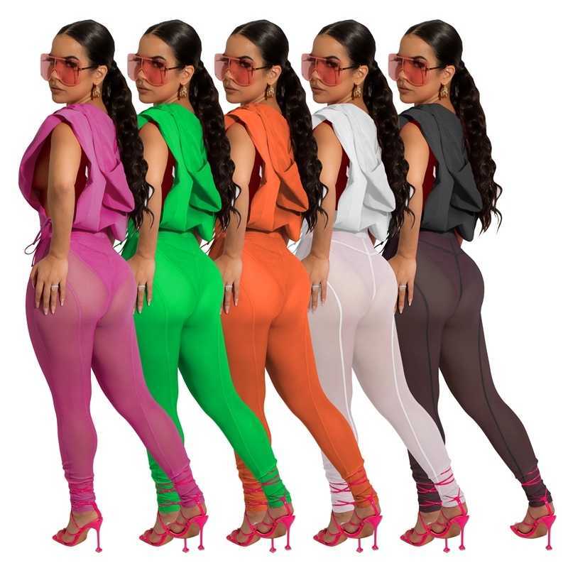 

Sexy Sheer Yoga Pants Womens Designer Summer New Fashion Sexy Split Hoodies Top And Mesh Pants Two Piece Set, Orange