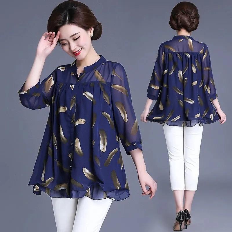 

Women's Blouses & Shirts Women's Print Top 2022 Summer Chiffon Loose Round Neck Feather Pattern Sleeve Thin ShirtWomen's, Blue