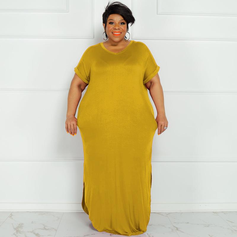 

Plus Size Dresses Women O Neck Short Solid Casual Sleeve Maxi DressesPlus, Yellow