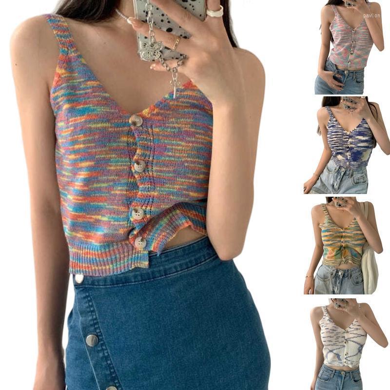 

Women's Tanks & Camis Women Summer Knitted Sleeveless Camisole Sexy V-Neck Button Down Rainbow Colorful Striped Crop Top Vintage Slim Knitwe, Blue