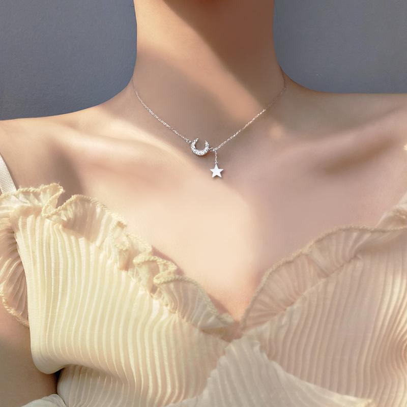 

Lockets Exquisite Flash Diamond Moon Star Tassel Cute Clavicle Chain 925 Sterling Silver Pendants For Women Birthday Gift Fine Jewelry