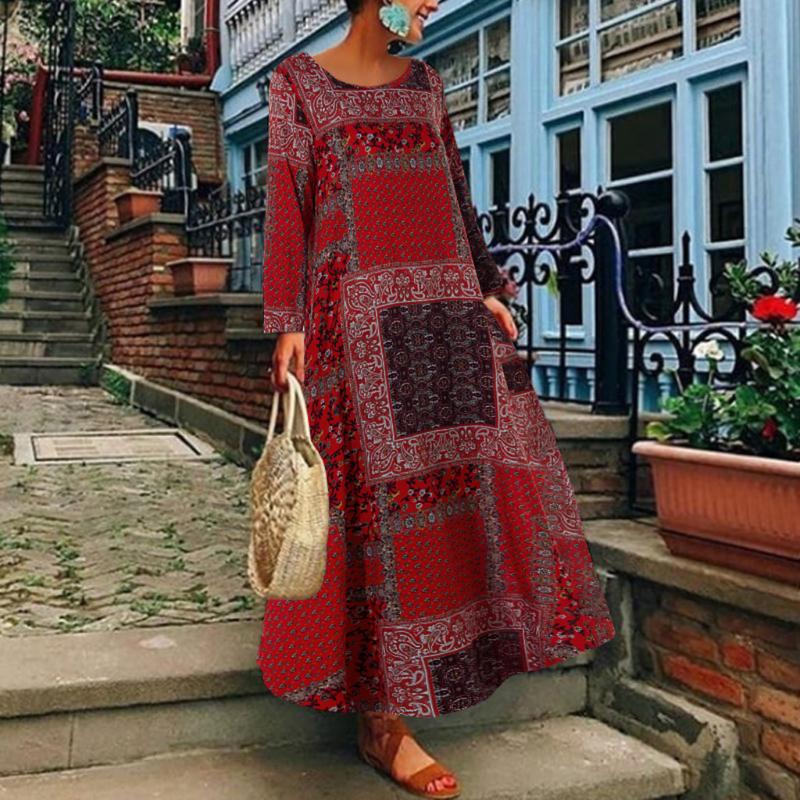 

Casual Dresses Women Boho Print Long Sleeve Kaftan Dress Loose Maxi DressCasual, Green