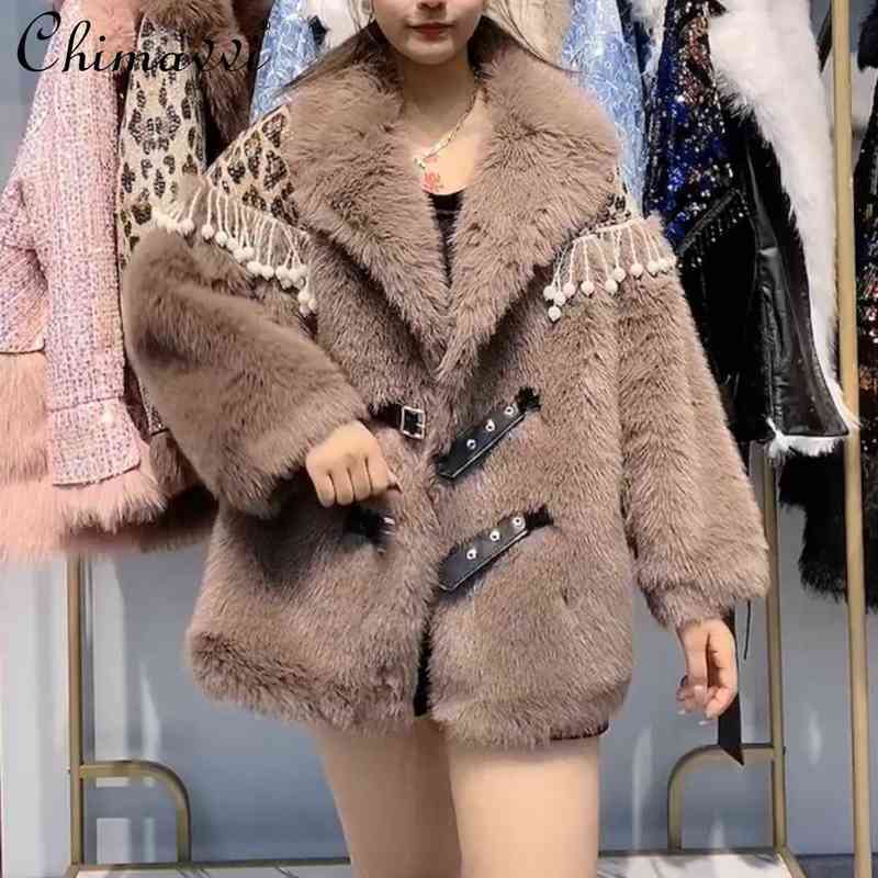 

Fashion Fur Jacket 2021 New Winter Clothes Long Sleeve Toka Double Face Wool Leather Warm Heavy Sequins Casual Coat Women T220810, Khaki