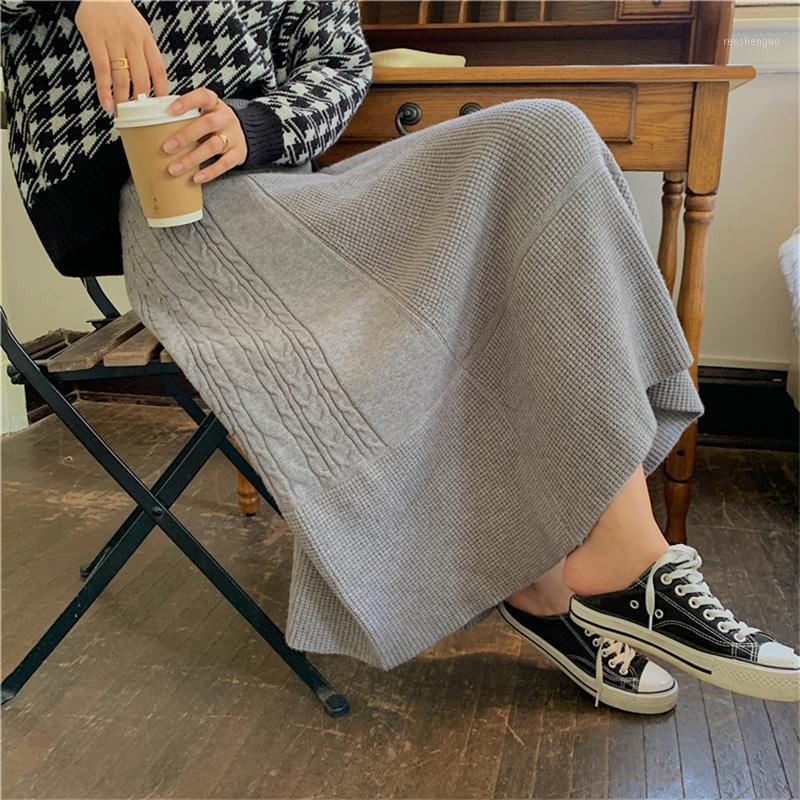 

Skirts Umnrella Skirt 2022 Autum Winter Vintage Thick Twist Pattern Knitted Women Fashion High Elastic Waist A-line, Beige