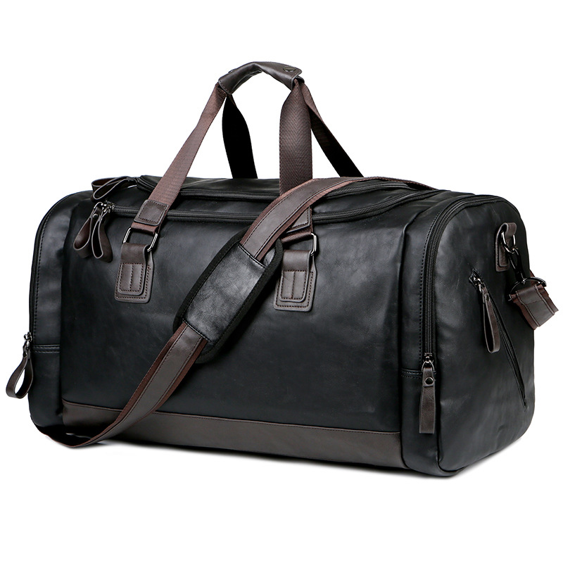 

PU Leather Travel Bag Super Large Capacity Men's Business Trip Handbag Duffel Backpack Portable Single Shoulder Enlarged Patchwork, Black
