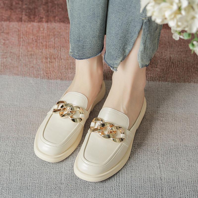 

Slippers Women Brand Cover Toe Metal Chain Shoes Ladies Pantufa Mules Solid Leather Slides Woman Slip On Low Heel Flats, Beige