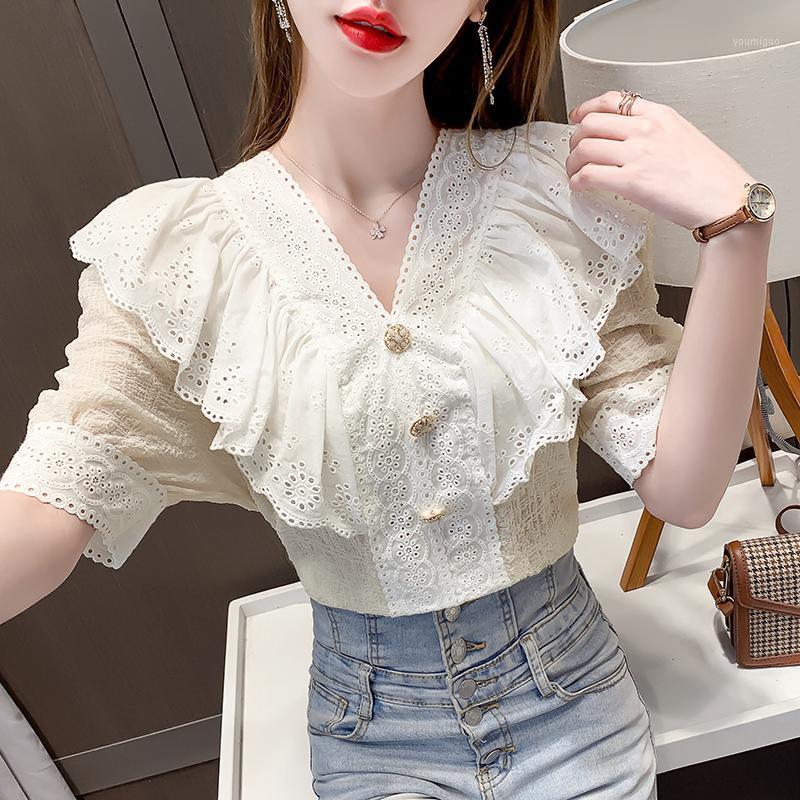 

Women' Blouses & Shirts COIGARSAM French Style Ruffles Shirt Womens Tops Summer Vintage Short Sleeve Lace V-Neck Women Apricot White 3165, Blue