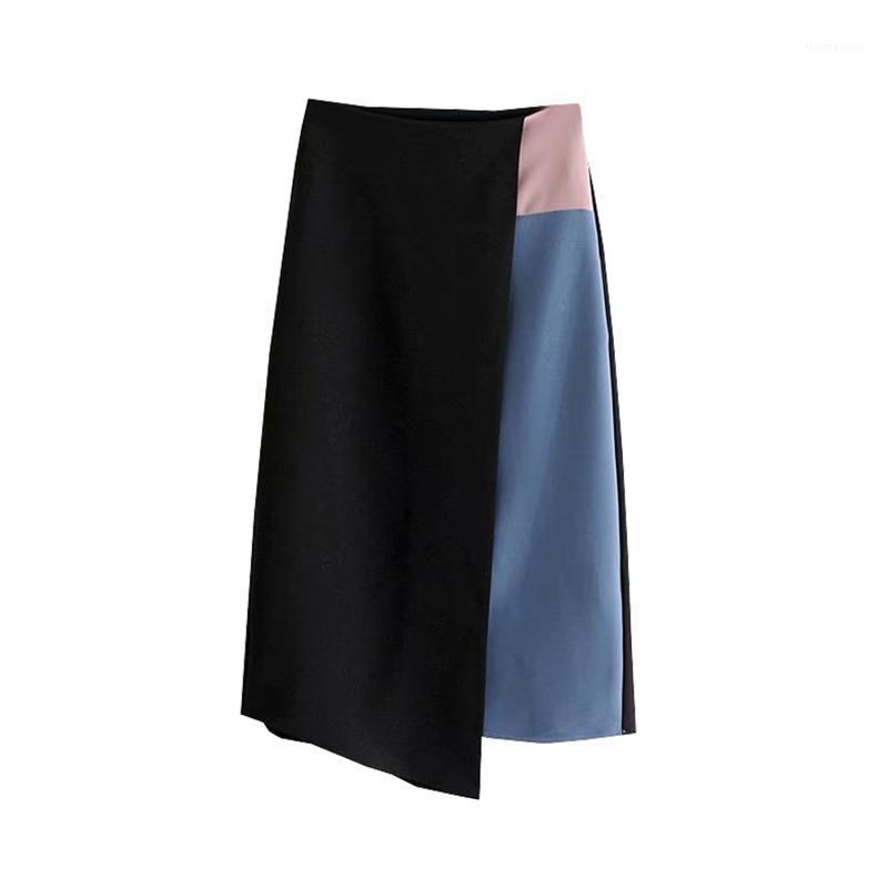 

Skirts Vintage Fashion Irregular Skirt High-waisted Contrast Color Stitching A-line For Women 2022 Spring Clothes, Black