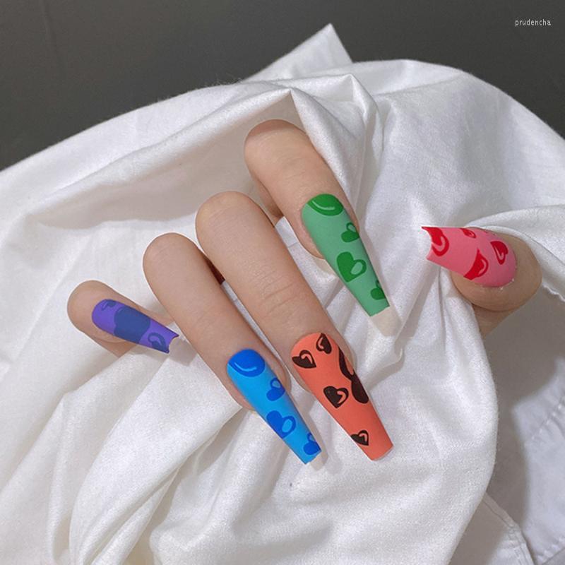 

False Nails 24 Pcs Multicolor Frosted Fake Nail Full Cover Wearable Long Coffin Ballerina Press On Charm Fashion DIY Art Decor Prud22