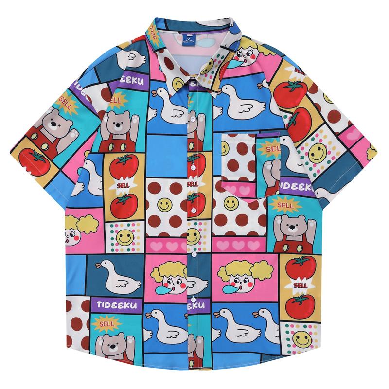 

Men's Casual Shirts Harajuku Streetwear Men Cute Pictures Print Korean Hawaiian Short Sleeve Shirt 2022 Summer Fashion Beach CamisasMen's, Blue