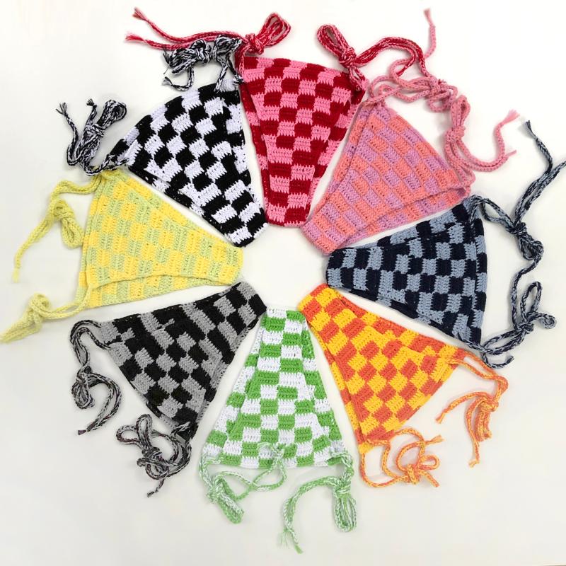 

Women' Swimwear Sexy Crochet Checker Bikini Set Women Multi-Coloured Adjustable Cup Swimsuit Girl Lace-up SwimwearWomen, Yellow with green