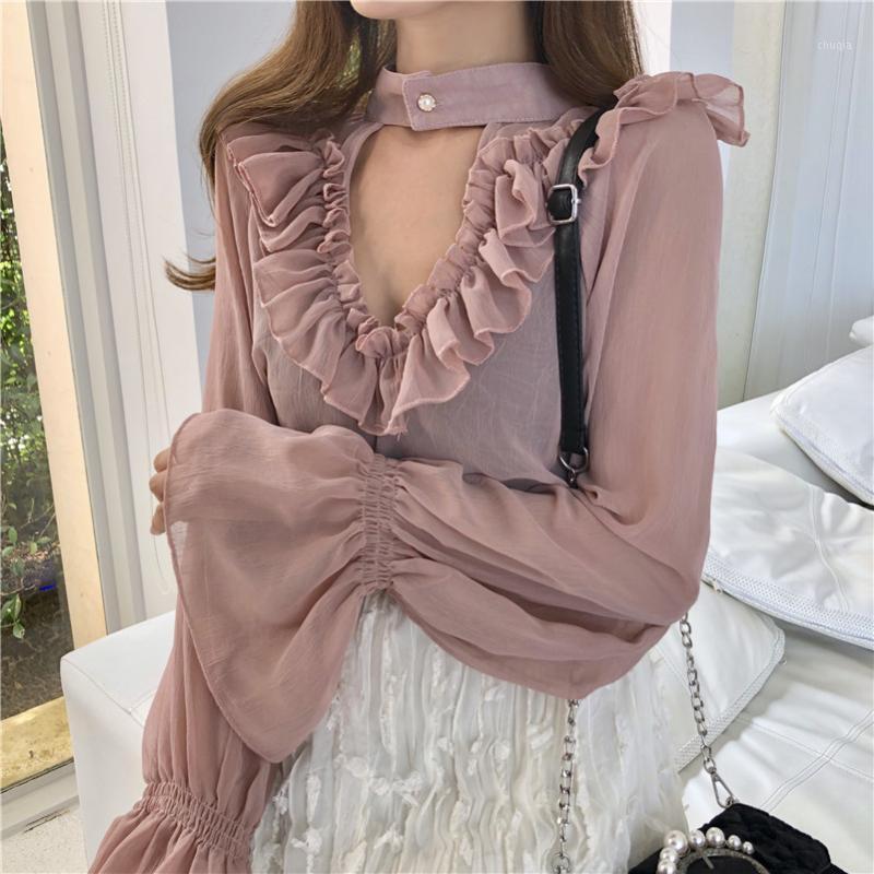 

Women's Blouses & Shirts 2022 Spring Women Ruffles Solid Chiffon Sweet Female Full Flare Sleeve Romantic Tops Girls, Pink