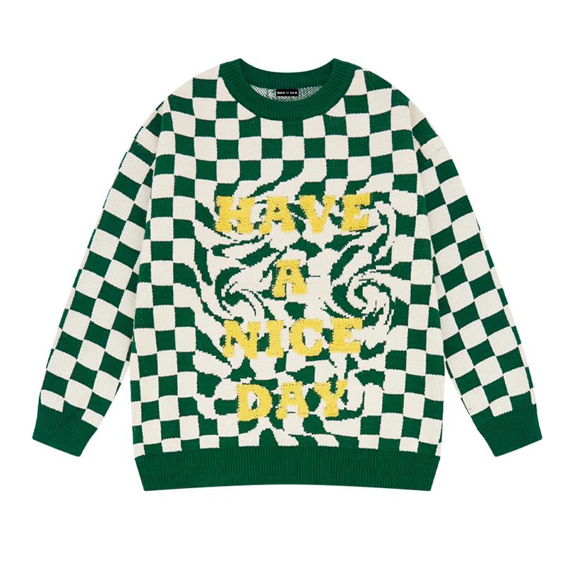 

Men's Sweaters Vintage Green Knitted Sweater Men Checkerboard Retro Letter Print Pullover Women Harajuku O-Neck Jumpers Oversized Streetwear, Sky blue